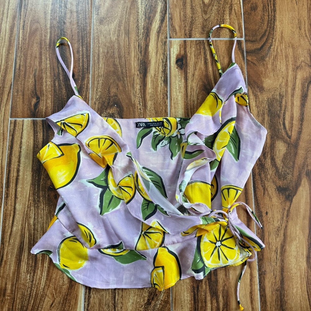 Zara Lemon Print Wrap Crop Top Lilac and Yellow Size M - Picture 2 of 6